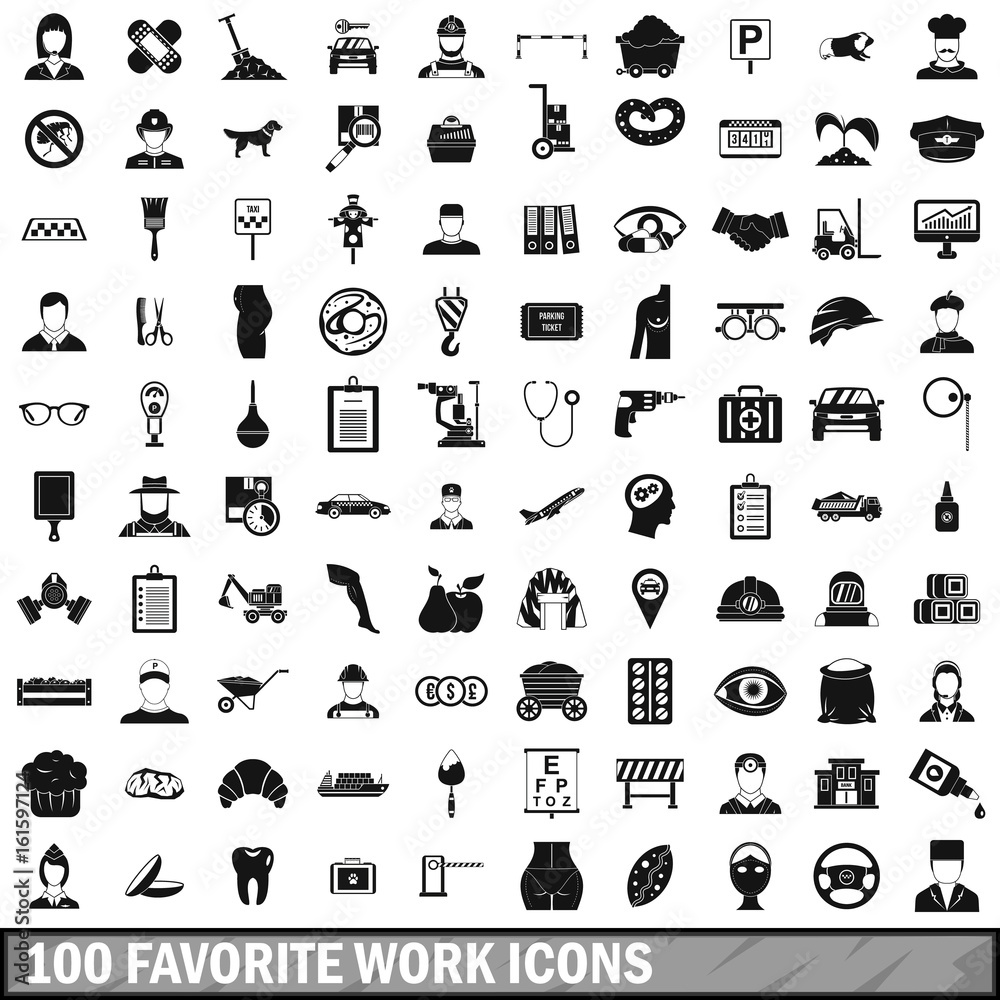 100 favorite work icons set, simple style 
