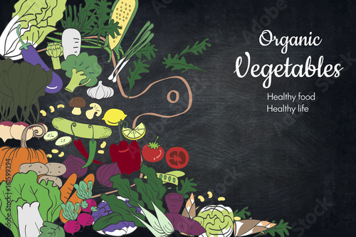 Organic healthy vegetables and kitchenware on a chalkboard surface. conceptual doodles illustration. top view 