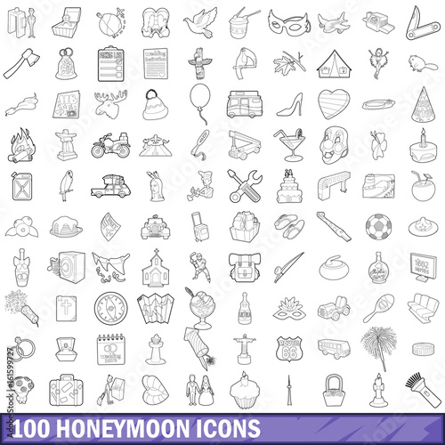 100 honeymoon icons set, outline style
