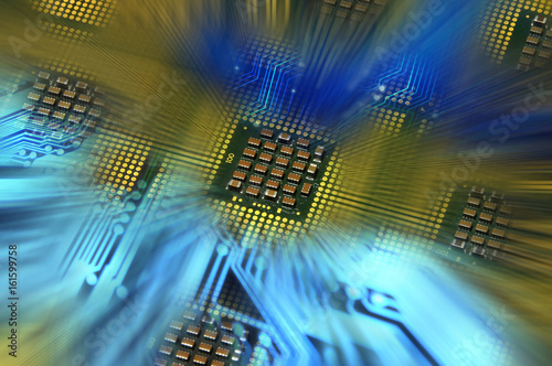 Naklejka computer processors and blue electronic circuit with lighting effects postproduction, background.
