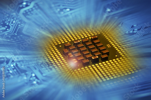 Obraz na płótnie computer processors and blue electronic circuit with lighting effects postproduction, background.