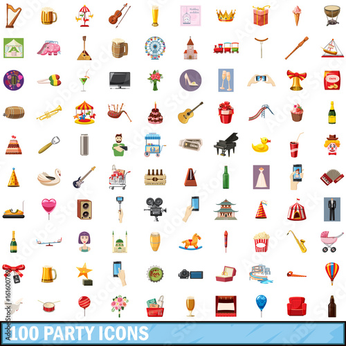 100 party icons set  cartoon style