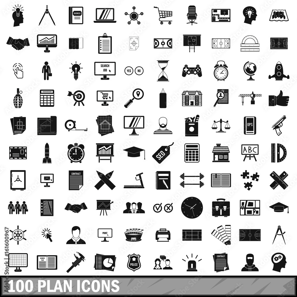 100 plan icons set, simple style 