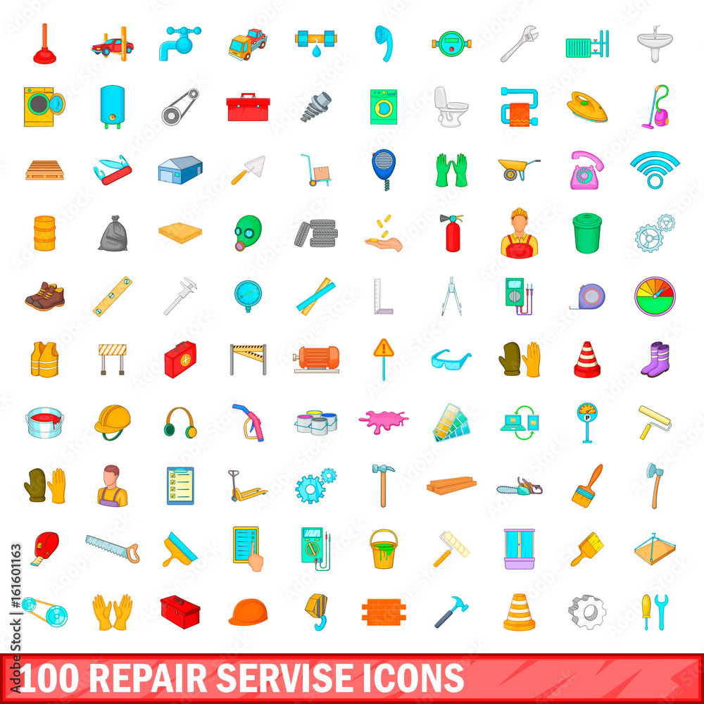 100 repair service icons set, cartoon style 100 repair service icons set, cartoon style