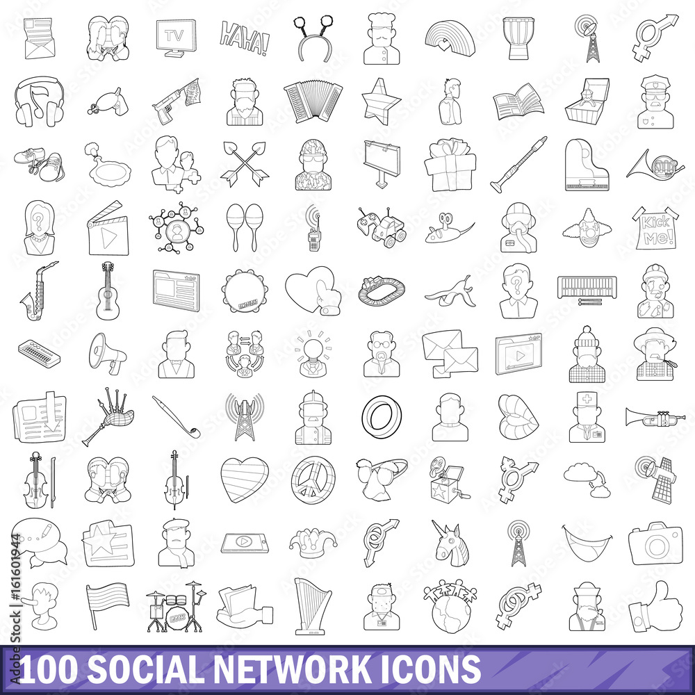 100 social network icons set, outline style