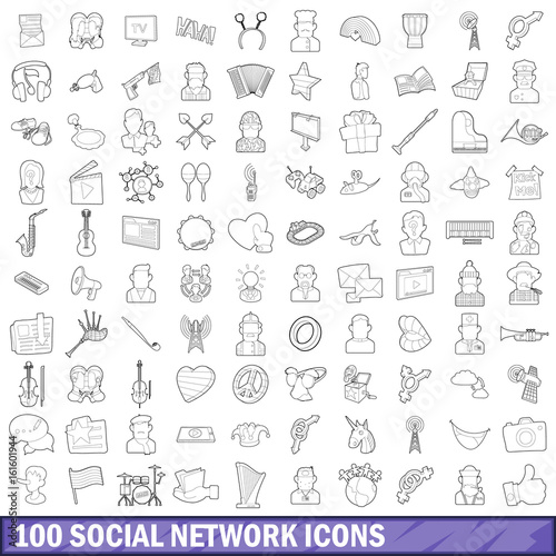 100 social network icons set  outline style