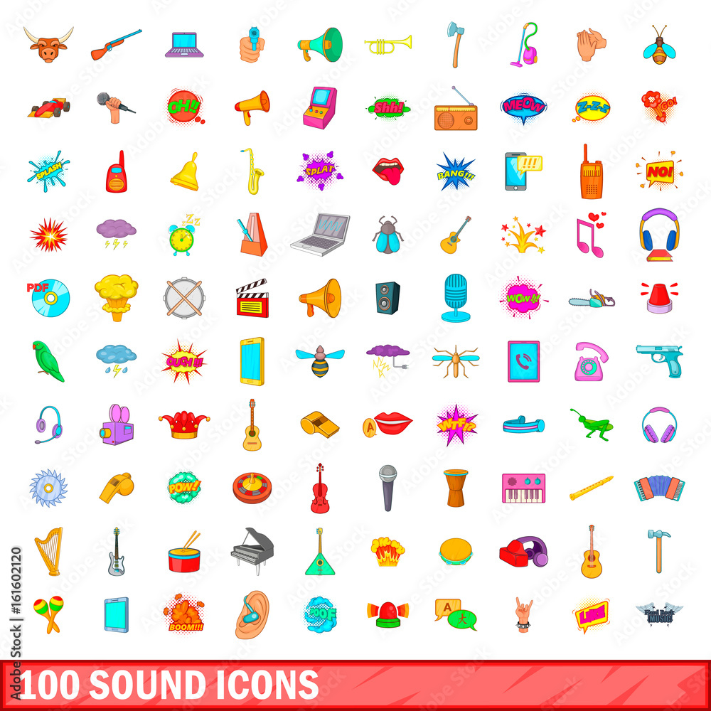 100 sound icons set, cartoon style