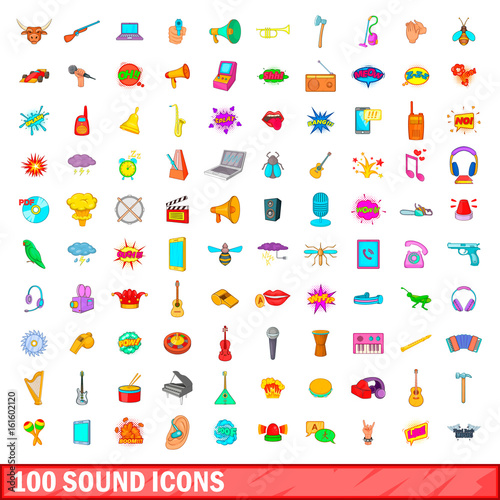 100 sound icons set, cartoon style