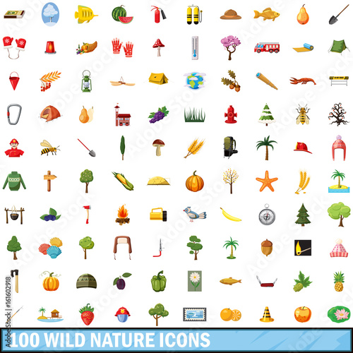 100 wild nature icons set, cartoon style
