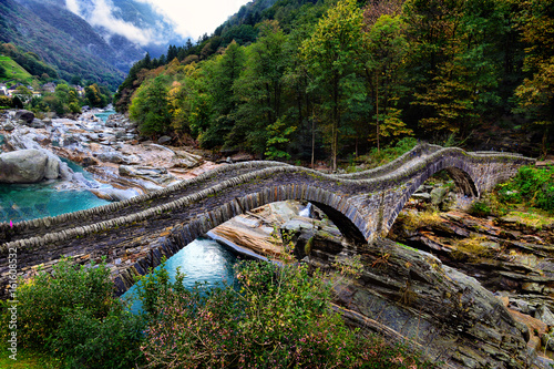 hiking Trail at the famous Roman Bridge called Ponte dei Salti in Lavertezzo,Verzasca