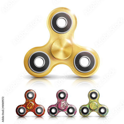 Spinner Toy Set Vector. Bright Plastic Fidgeting Hand Spinner Toy. Spinning Machine. Rotation. Fidget Finger Spinner Stress, Anxiety Relief Toy. Realistic 3D Vector Illustration