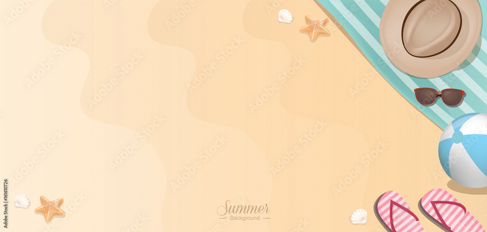 Summer vacation beach accessories on sand - banner background