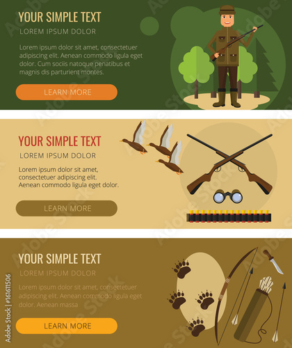 A set of horizontal banners about hunting. A call to action on the site. Advertising banner for the site about hunting and hunting equipment