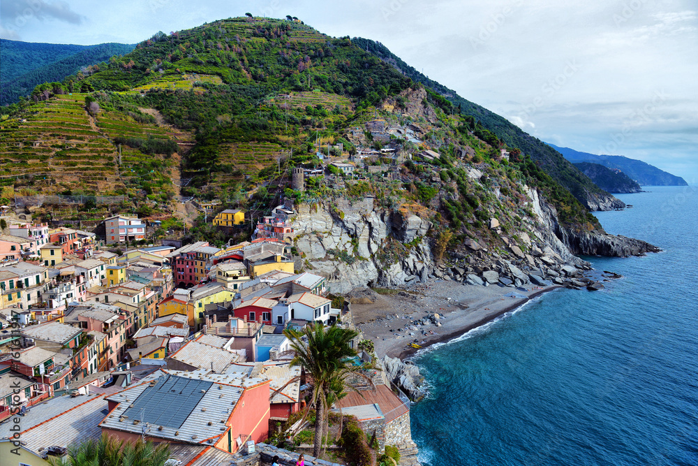 Aerial view of Vernazza fishing , Cinque Terre National Park, Liguria, Italy.