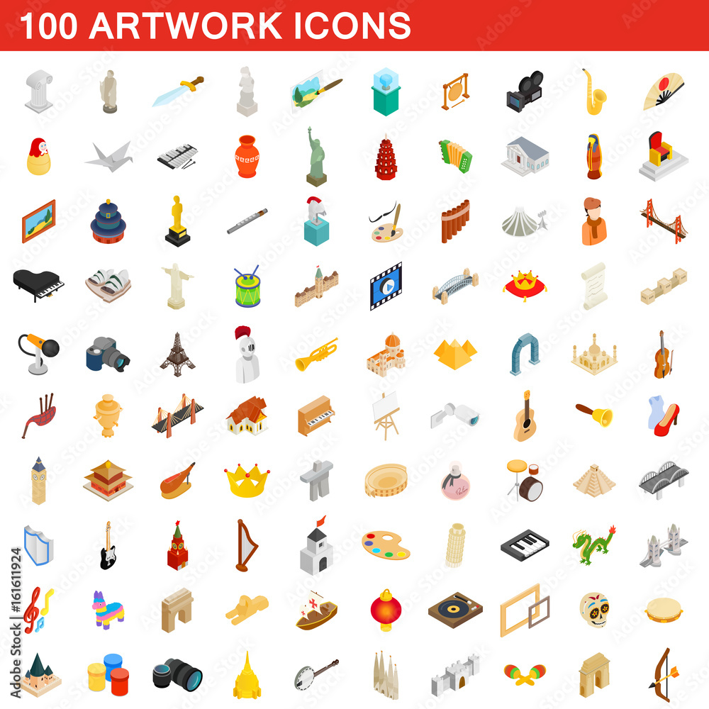 100 artwork icons set, isometric 3d style 100 artwork icons set, isometric 3d style