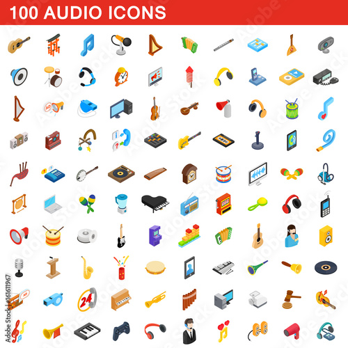 100 audio icons set, isometric 3d style