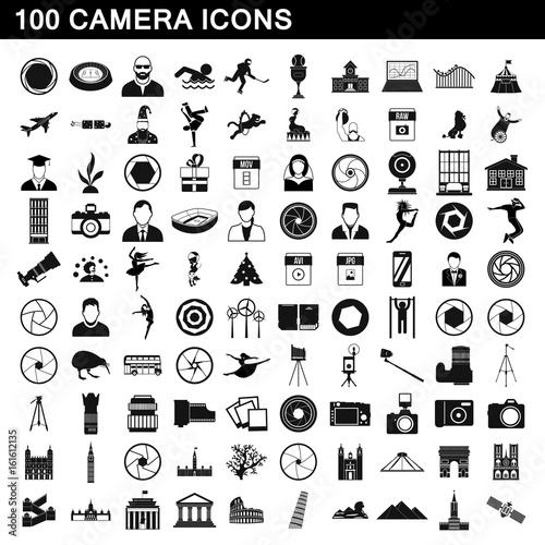100 camera icons set, simple style