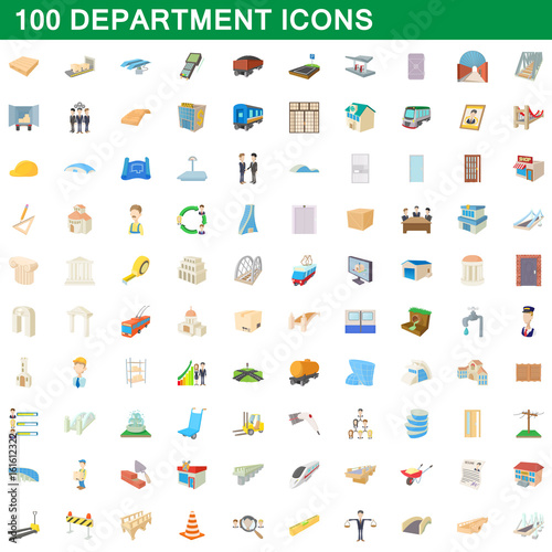 100 department icons set, cartoon style