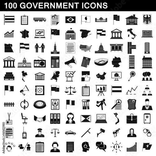 100 government icons set, simple style