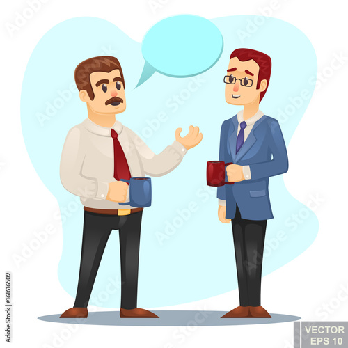 Vector cartoon Illustration of two businessmen discussing business strategy conversation between coworkers buring coffee break teamwork concept