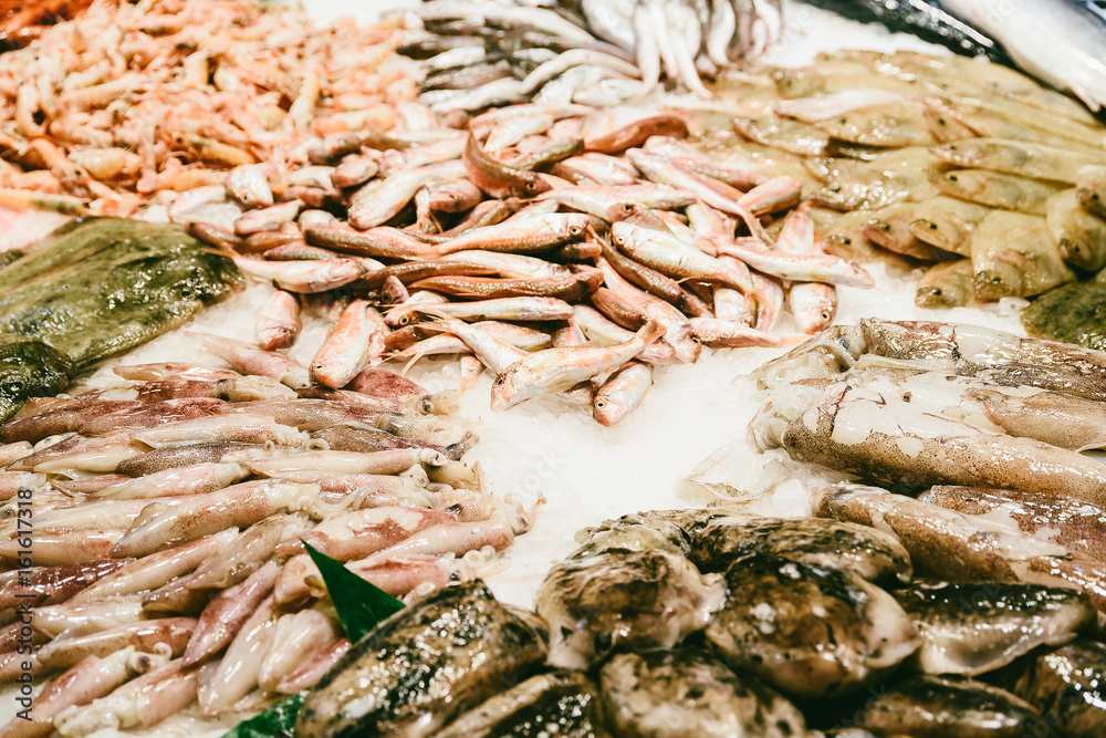 Fresh Fishes And Seafood On Ice In Fish Market Fresh Fishes And Seafood On Ice In Fish Market