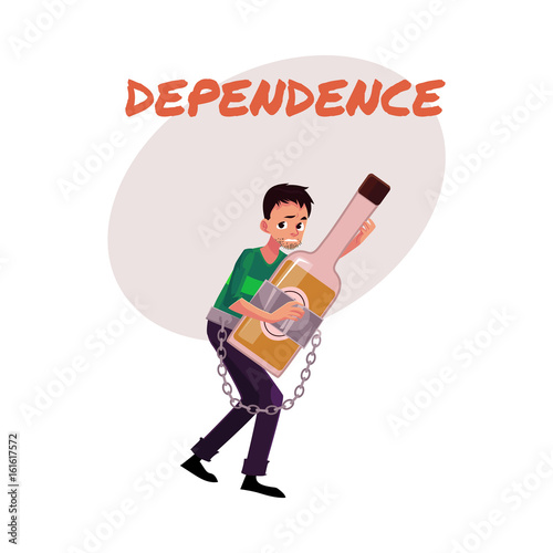 Financial dependence poster, banner template with man holding bottle of liquor, chained to it, alcohol dependence, abuse, disorder, cartoon vector illustration isolated on white background.