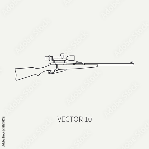 Line flat vector hunt and camping icon sniper rifle. Hunter equipment, armament. Retro cartoon style. Wildlife travel. Camouflage. Forest. Nature. Illustration and element for your design, wallpaper.