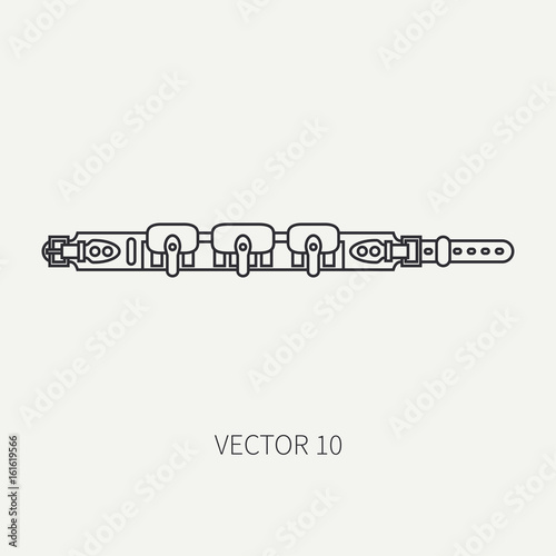 Line flat vector hunt and camping icon cartridge belt. Hunter equipment, armament. Retro cartoon style. Wildlife travel. Camouflage. Forest. Nature. Illustration and element for your design, wallpaper