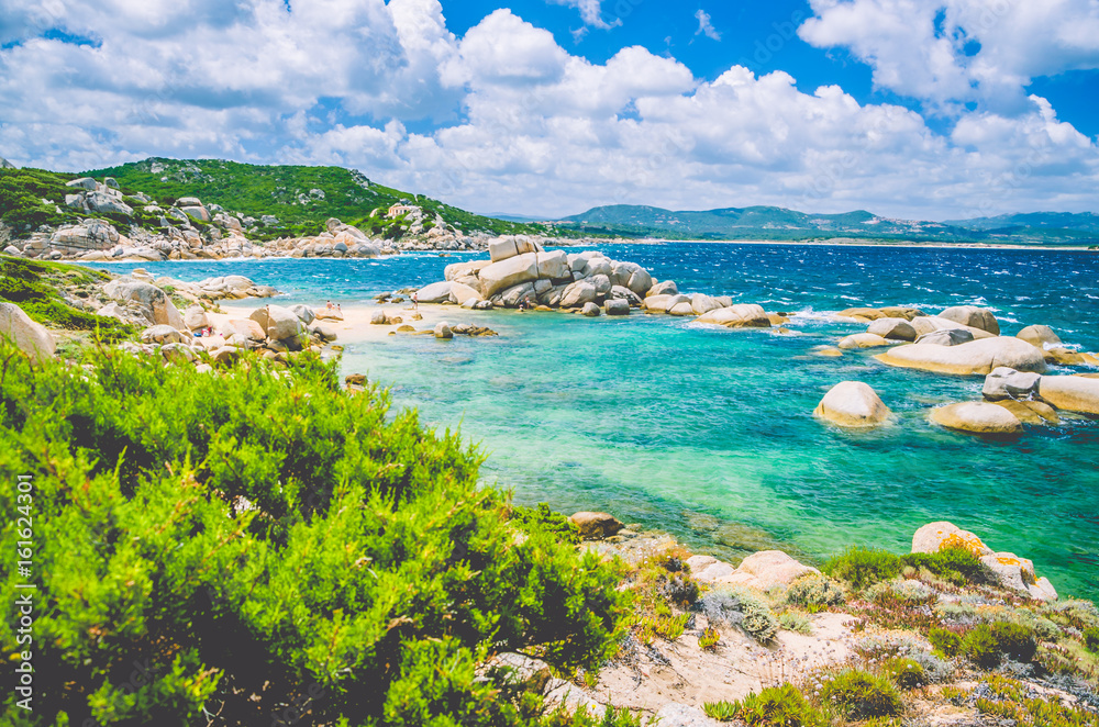 Costline of Costa Serena with sandstone rocks in sea, Sardinia, Italy
