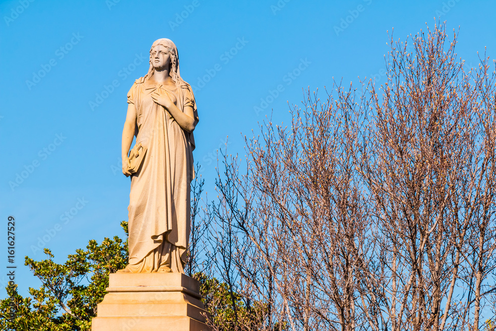 The sculpture of Virgin Mary closeup on the background of bare tree on the Oakland Cemetery in sunny autumn day, Atlanta, USA