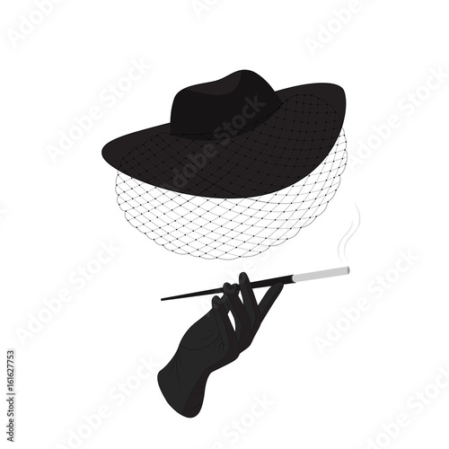 An unknown lady in a hat with a veil holds a mouthpiece with a cigarette in her hand.