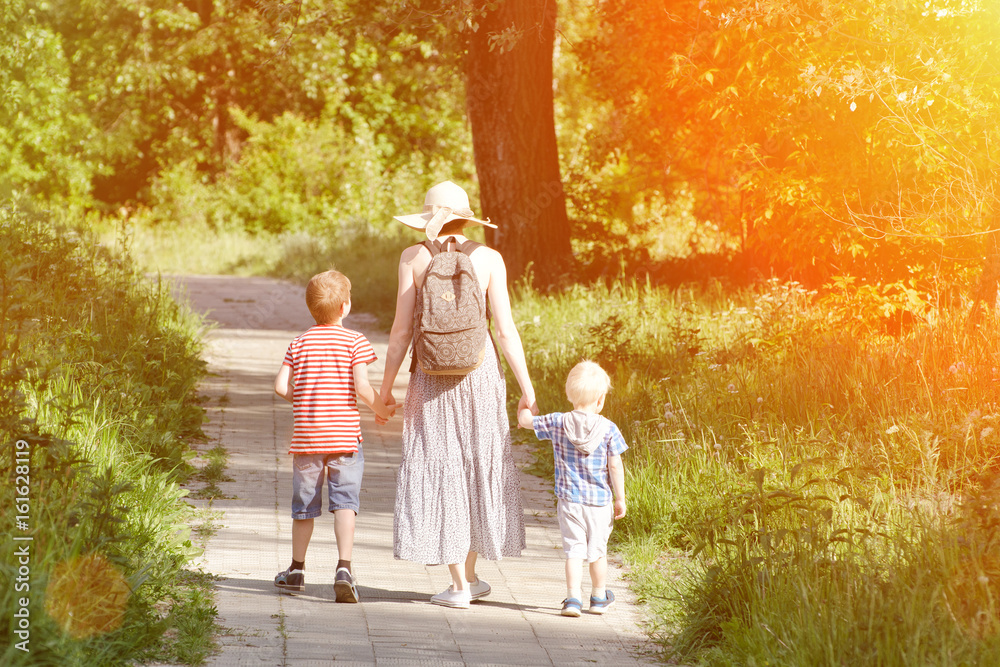 Fototapeta premium Mom and sons walking along the road in the park. Back view. Sunny day