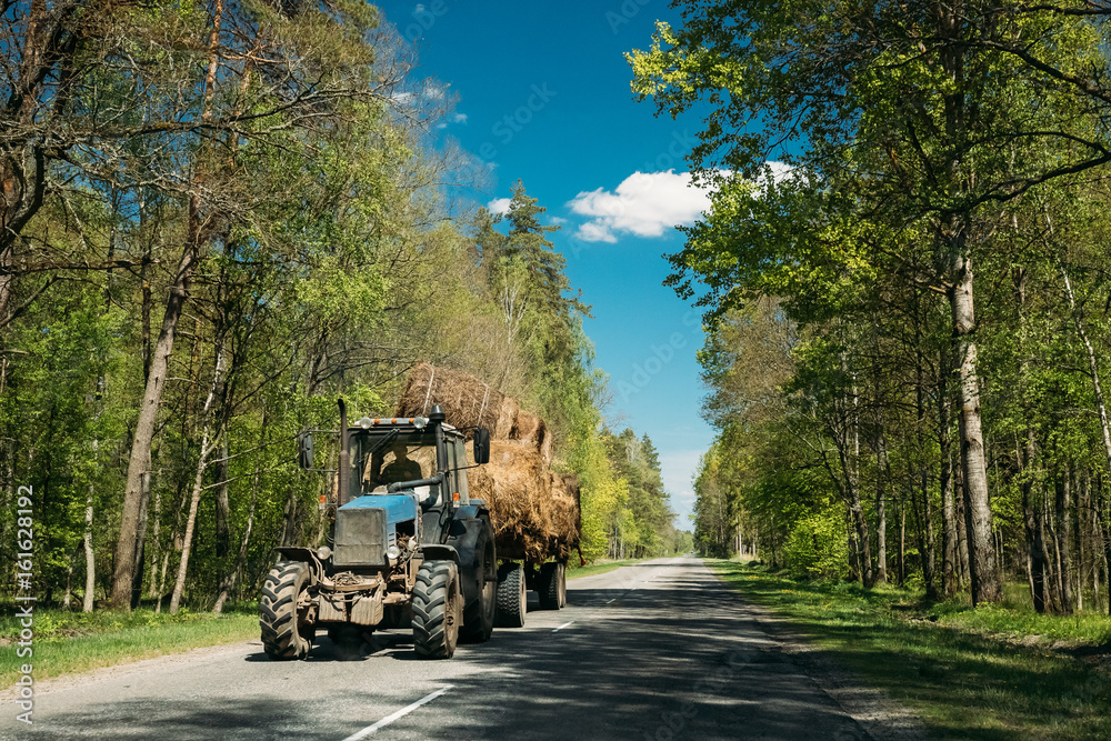 Obraz premium Tractor Is Carrying Hay On Cart. Tractor On Country Road Through