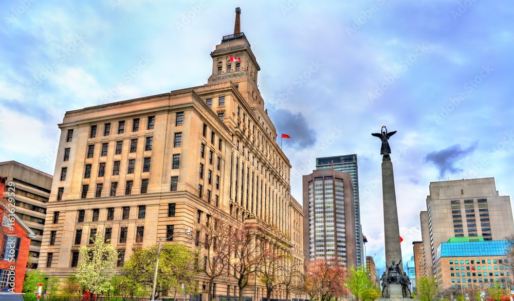 The Canada Life building and the South African War Memorial on University Avenue in Toronto, Canada