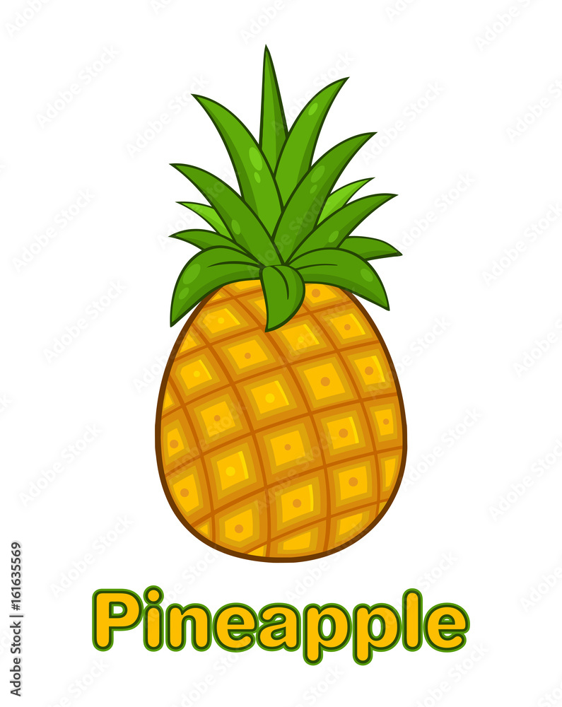 Pineapple Fruit With Green Leafs Cartoon Drawing Simple Design. Illustration Isolated On White Background With Text Pineapple Fruit With Green Leafs Cartoon Drawing Simple Design. Illustration Isolated On White Background With Text