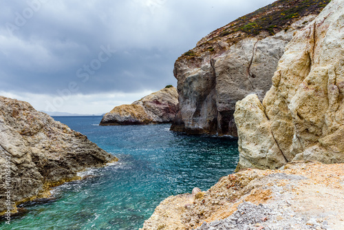 Rocks in Firopotamos Beach in cloudy day, Milos, Cyclades Islands, Greece.