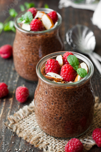 Chocolate pudding with chia seeds and raspberries