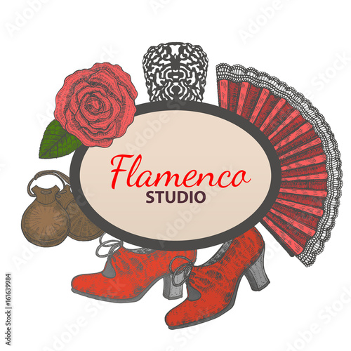 vector hand drawn  flamenco template with banner rose fan comb shoes and castanets