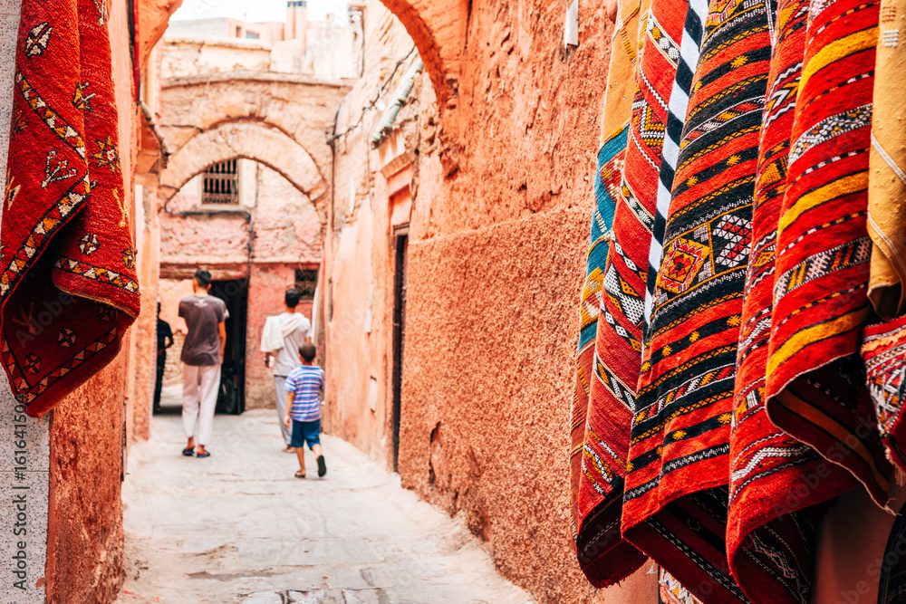 colorful street of marrakech medina, morocco