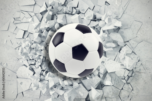 Sport illustration with soccer ball coming in cracked wall. Cracked concrete earth abstract background. 3d rendering