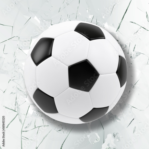 Sport illustration with soccer ball coming in cracked glass wall. Cracked glass wall. 3d rendering © rost9