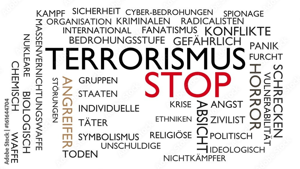 Terrorism, stop word tag cloud. 3D rendering, white German variant.