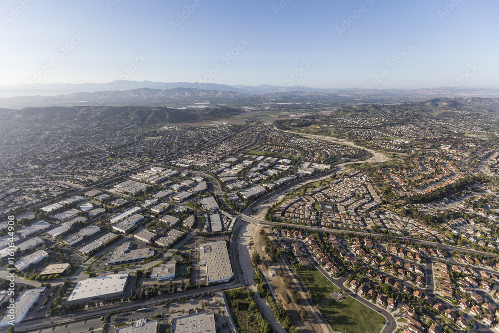 Aerial view of industrial buildings and neighborhoods in Camarillo, California.  