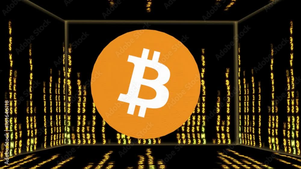 Cripto currency Bitcoin coin spin on matrix like background
