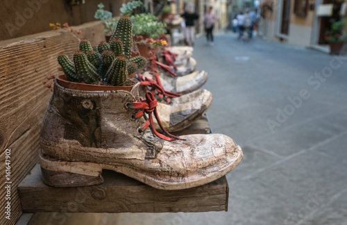 Obraz na płótnie Alte Schuhe mit Papier beklebt und mit Blumen bepflanzt w salonie