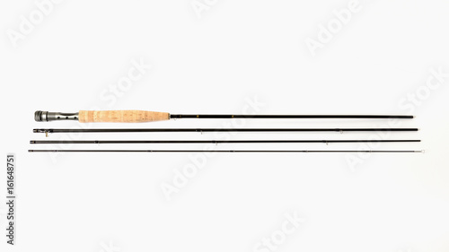 A fly fishing rod on a white background.