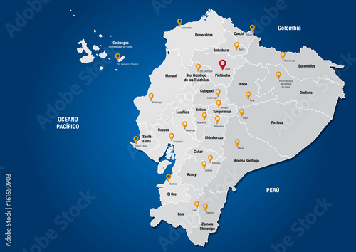 Political map of the Republic of Ecuador with the names of the provinces and their capitals on blue background - Vector image