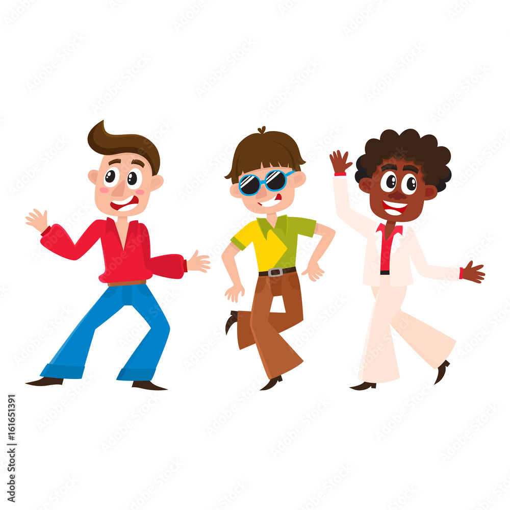 Boy retro disco dancers, black and Caucasian men, cartoon vector illustration isolated on white background. Men and women in colorful clothes dancing at retro disco party