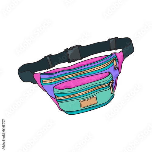Old fashioned, retro style colorful waist bag, fashion accessory from 90s, sketch vector illustration isolated on white background. Hand drawn waist bag, pack, popular personal item from nineties