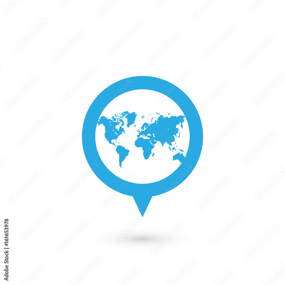 Blue map pointer with world map silhouette icon. Vector illustration with dropped shadow.